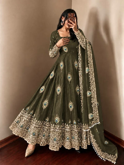 Olive Green Gold Morpankh Embroidered Anarkali Gown Suit Set