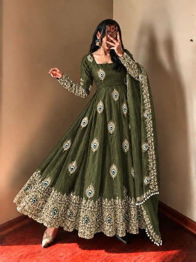 Olive Green Gold Morpankh Embroidered Anarkali Gown Suit Set