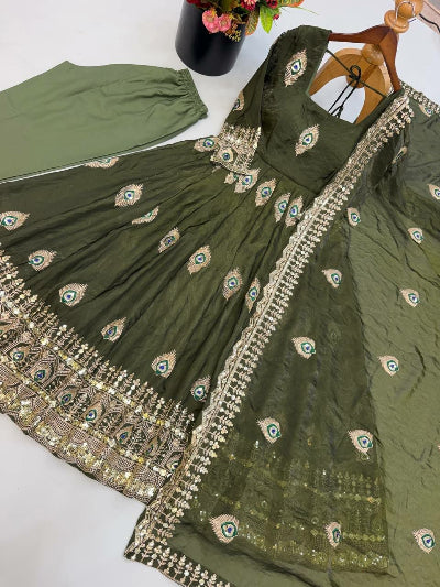 Olive Green Gold Morpankh Embroidered Anarkali Gown Suit Set