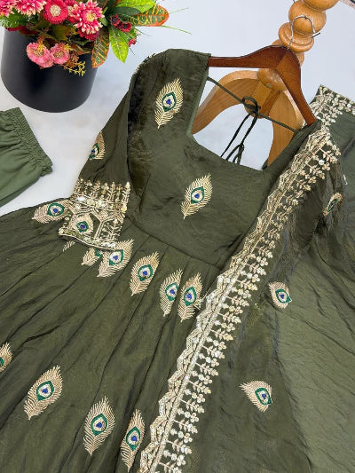 Olive Green Gold Morpankh Embroidered Anarkali Gown Suit Set