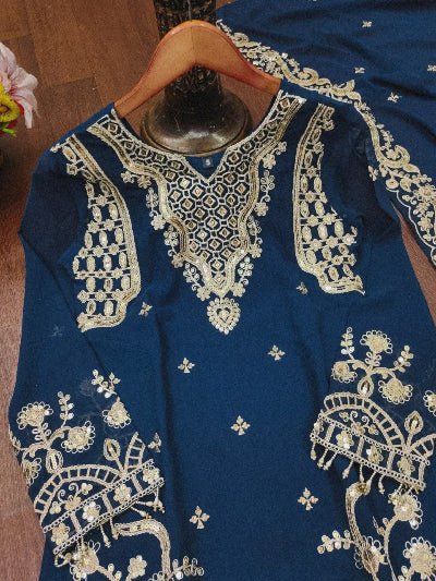 Peacock Blue Georgette Sequence Work Straight Suit Set - BONYHUBSALWAR KAMEEZ