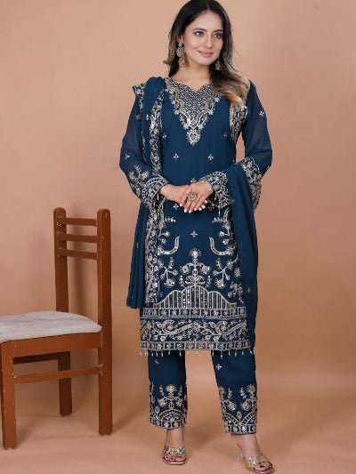 Peacock Blue Georgette Sequence Work Straight Suit Set - BONYHUBSALWAR KAMEEZ