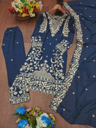 Peacock Blue Georgette Sequence Work Straight Suit Set - BONYHUBSALWAR KAMEEZ