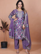 Purple Designer Chinon Embroidered Straight Suit Set - BONYHUBSALWAR KAMEEZ