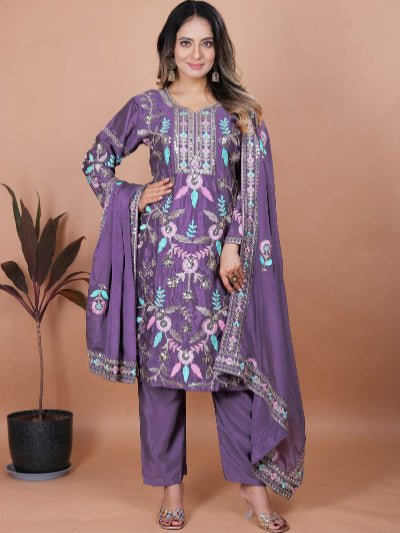 Purple Designer Chinon Embroidered Straight Suit Set - BONYHUBSALWAR KAMEEZ