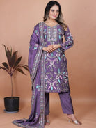 Purple Designer Chinon Embroidered Straight Suit Set - BONYHUBSALWAR KAMEEZ