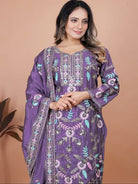 Purple Designer Chinon Embroidered Straight Suit Set - BONYHUBSALWAR KAMEEZ