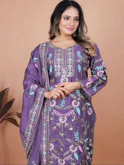Purple Designer Chinon Embroidered Straight Suit Set - BONYHUBSALWAR KAMEEZ