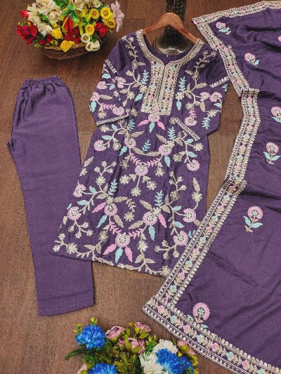 Purple Designer Chinon Embroidered Straight Suit Set - BONYHUBSALWAR KAMEEZ
