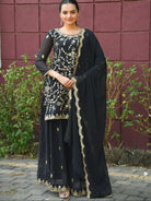 Black Georgette Embroidery Work Sharara Set - BONYHUBSALWAR KAMEEZ