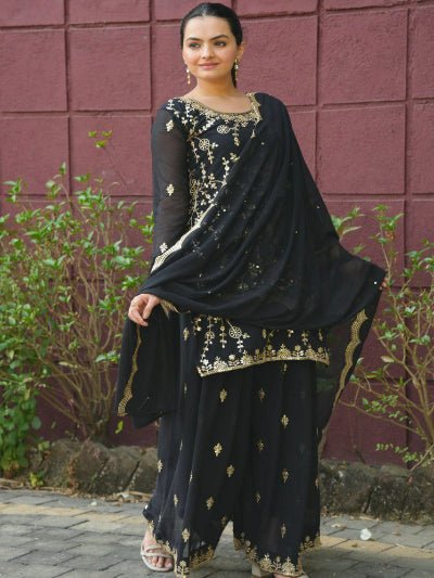 Black Georgette Embroidery Work Sharara Set - BONYHUBSALWAR KAMEEZ