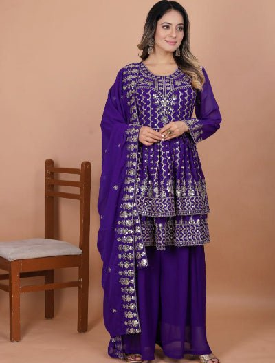 Purple Premium Georgette Double Flair Sharara Set - BONYHUBSALWAR KAMEEZ
