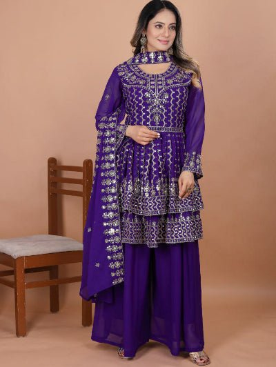 Purple Premium Georgette Double Flair Sharara Set - BONYHUBSALWAR KAMEEZ