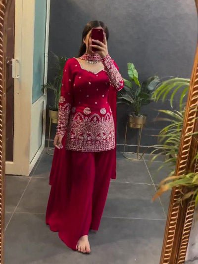 Maroon Vichitra Silk Embroidered Sharara Set - BONYHUBSALWAR KAMEEZ