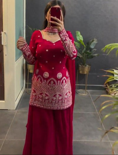 Maroon Vichitra Silk Embroidered Sharara Set - BONYHUBSALWAR KAMEEZ