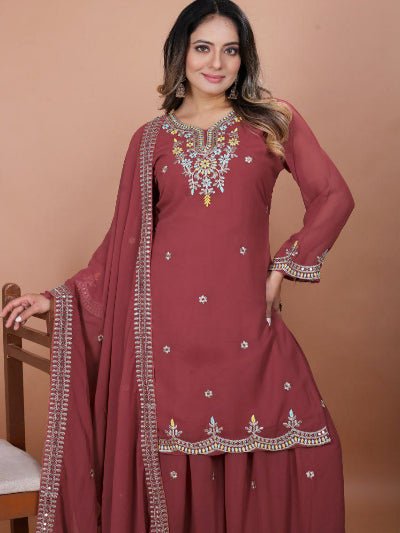Dusty Rosewood Maroon Georgette Sharara Suit Set - BONYHUBSALWAR KAMEEZ