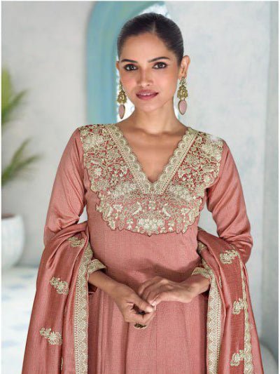 Pastel Peachy Pink Silk Embroidery Work Anarkali Suit - BONYHUBSALWAR KAMEEZ