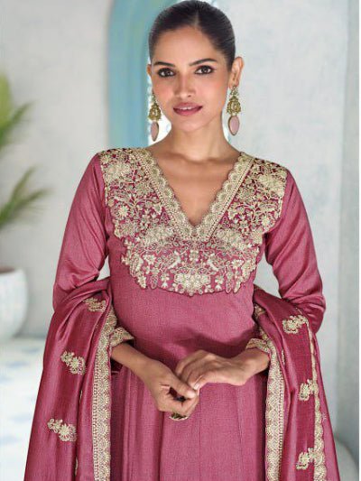 Onion Pink Silk Embroidery Work Anarkali Suit - BONYHUBSALWAR KAMEEZ