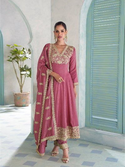 Onion Pink Silk Embroidery Work Anarkali Suit - BONYHUBSALWAR KAMEEZ