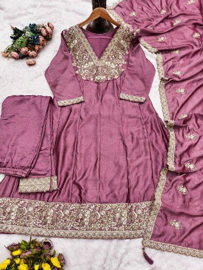 Onion Pink Silk Embroidery Work Anarkali Suit - BONYHUBSALWAR KAMEEZ