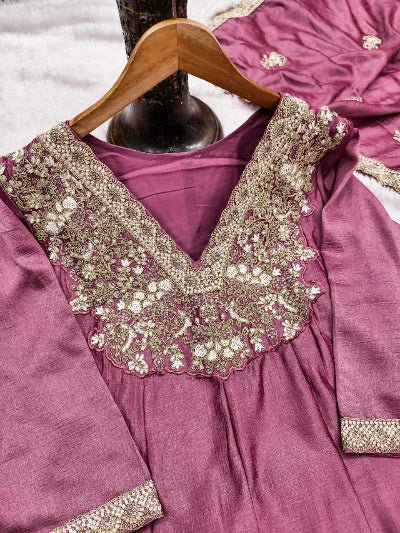 Onion Pink Silk Embroidery Work Anarkali Suit - BONYHUBSALWAR KAMEEZ