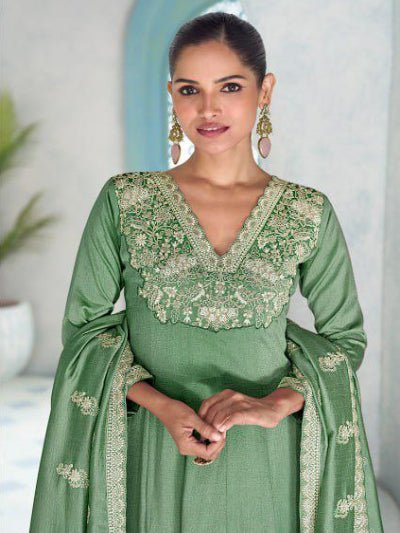 Pastel Mint Green Silk Embroidery Work Anarkali Suit - BONYHUBSALWAR KAMEEZ