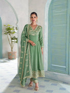 Pastel Mint Green Silk Embroidery Work Anarkali Suit - BONYHUBSALWAR KAMEEZ