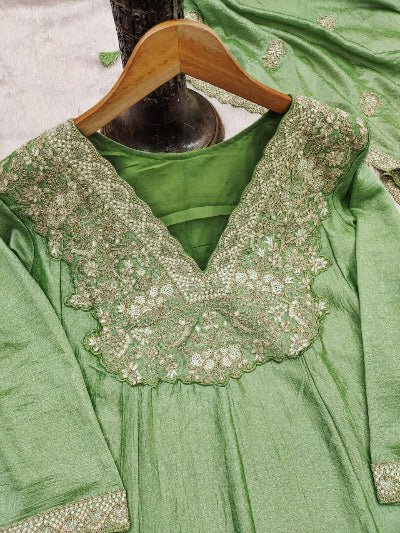 Pastel Mint Green Silk Embroidery Work Anarkali Suit - BONYHUBSALWAR KAMEEZ