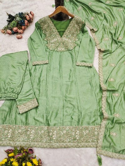 Pastel Mint Green Silk Embroidery Work Anarkali Suit - BONYHUBSALWAR KAMEEZ