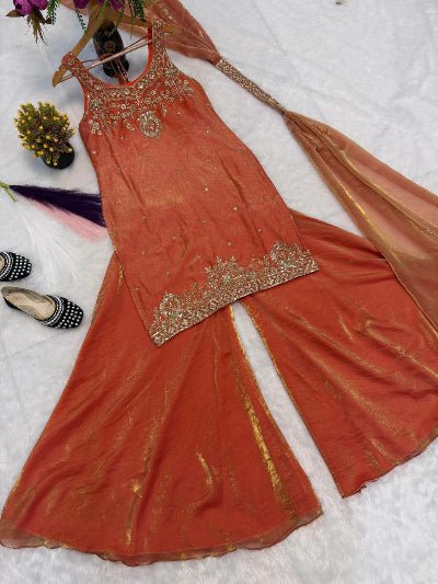Orange Gold Embroidery Zari Work Sharara Suit - BONYHUBSALWAR KAMEEZ
