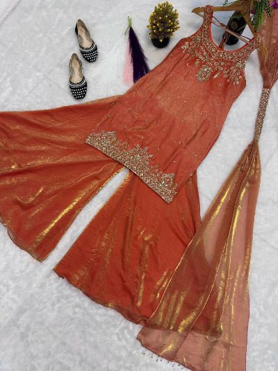 Orange Gold Embroidery Zari Work Sharara Suit - BONYHUBSALWAR KAMEEZ