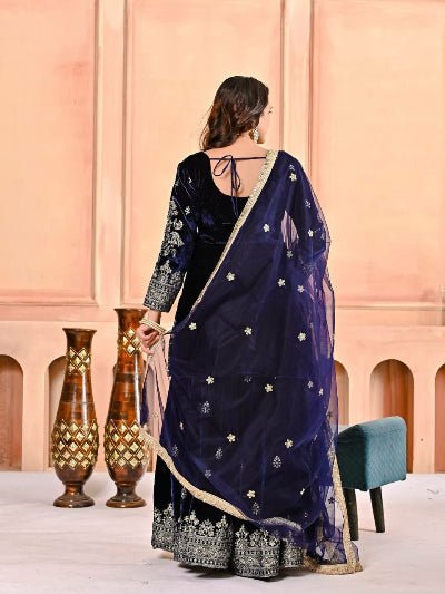 Deep Dark Blue Velvet Embroidery Work Sharara Suit - BONYHUBSALWAR KAMEEZ