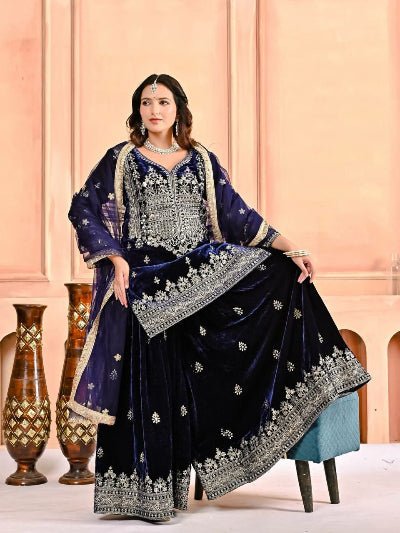 Deep Dark Blue Velvet Embroidery Work Sharara Suit - BONYHUBSALWAR KAMEEZ