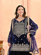Deep Dark Blue Velvet Embroidery Work Sharara Suit - BONYHUBSALWAR KAMEEZ