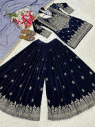 Deep Dark Blue Velvet Embroidery Work Sharara Suit - BONYHUBSALWAR KAMEEZ