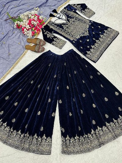 Deep Dark Blue Velvet Embroidery Work Sharara Suit - BONYHUBSALWAR KAMEEZ
