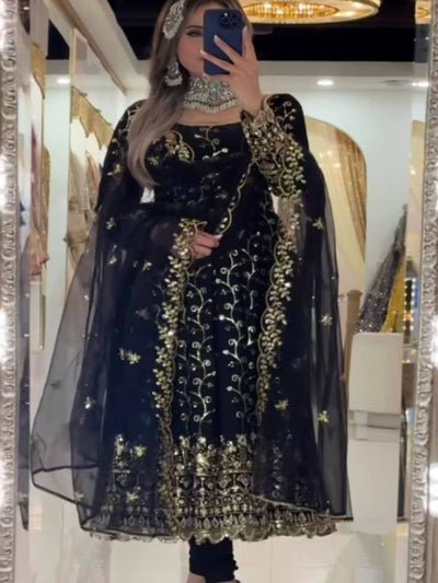 Black Gold Embroidery Georgette Anarkali Set - BONYHUBSALWAR KAMEEZ