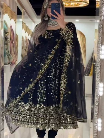 Black Gold Embroidery Georgette Anarkali Set - BONYHUBSALWAR KAMEEZ