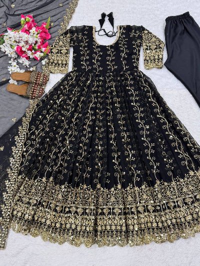 Black Gold Embroidery Georgette Anarkali Set - BONYHUBSALWAR KAMEEZ