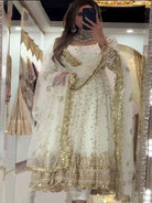 White Gold Embroidery Georgette Anarkali Set - BONYHUBSALWAR KAMEEZ