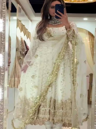 White Gold Embroidery Georgette Anarkali Set - BONYHUBSALWAR KAMEEZ