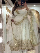 White Gold Embroidery Georgette Anarkali Set - BONYHUBSALWAR KAMEEZ