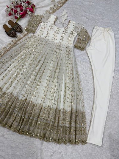 White Gold Embroidery Georgette Anarkali Set - BONYHUBSALWAR KAMEEZ