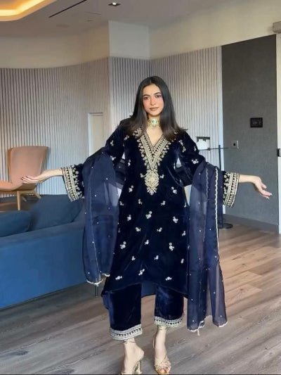 Dark Royal Blue Velvet Sequins Work Suit Set - BONYHUBSALWAR KAMEEZ