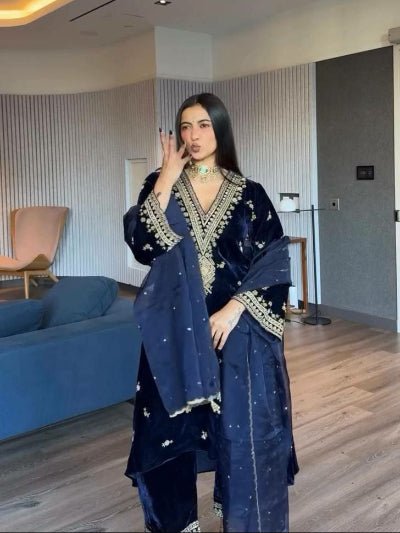 Dark Royal Blue Velvet Sequins Work Suit Set - BONYHUBSALWAR KAMEEZ
