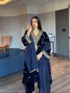 Dark Royal Blue Velvet Sequins Work Suit Set - BONYHUBSALWAR KAMEEZ