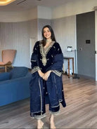 Dark Royal Blue Velvet Sequins Work Suit Set - BONYHUBSALWAR KAMEEZ