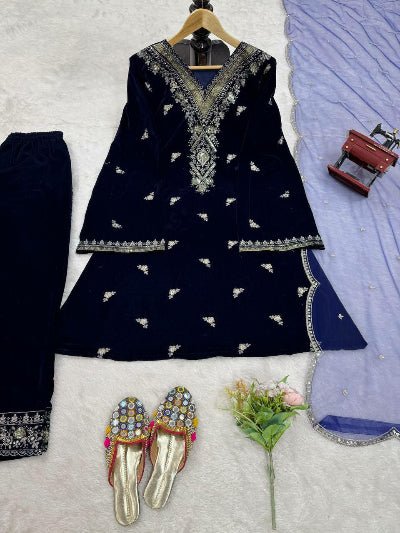 Dark Royal Blue Velvet Sequins Work Suit Set - BONYHUBSALWAR KAMEEZ