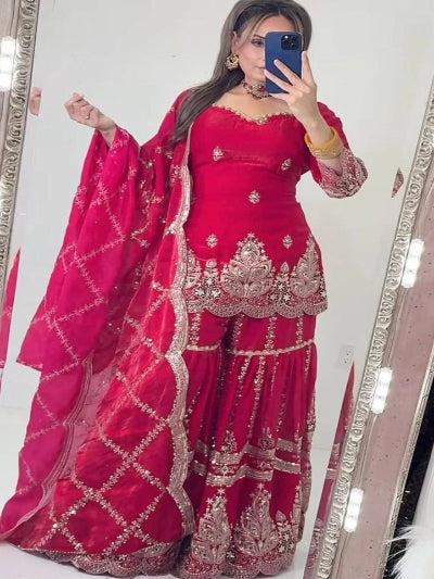 Festive Embroidered Silk Gharara Suit with Sequin Work