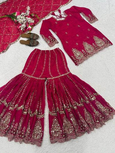 Festive Embroidered Silk Gharara Suit with Sequin Work
